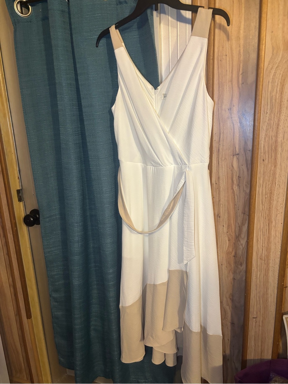 Two-Tone White and Beige High-Low Dress with Wrap Bodice